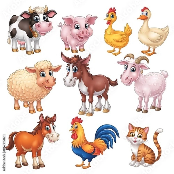 Fototapeta Adorable Farm Animals Emoji Set 10 Cute Critters on a Clean White Background