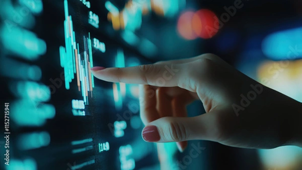Obraz Hand pointing at a digital graph with fluctuating blue lines and data points. Concept of financial technology