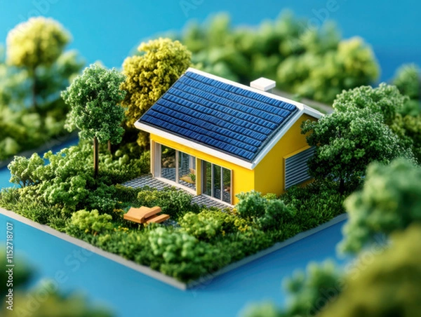 Fototapeta A vibrant model house surrounded by lush greenery and trees.