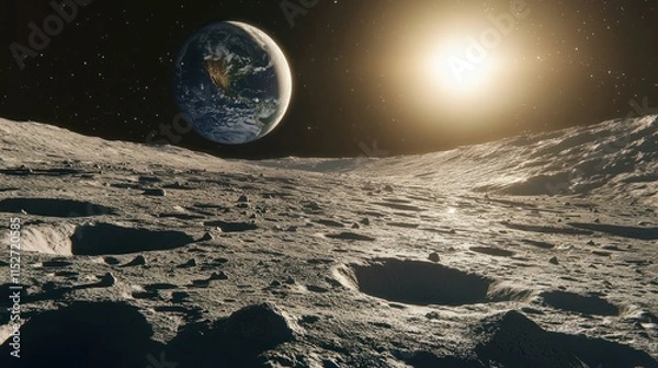 Fototapeta Earthrise over the lunar surface: A breathtaking view from the moon showcasing the vibrant blue planet against the stark lunar landscape. A cosmic panorama.