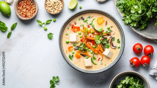 Fototapeta vibrant bowl of vegan tom yum soup with tofu, vegetables, and herbs