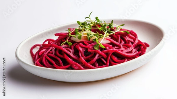 Fototapeta A serving of deep ruby-red beet-infused noodles with a glossy finish, plated on a minimalist ceramic dish, garnished with microgreens for contrast, vibrant color against a plain white background, life