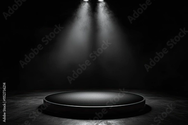 Fototapeta A stage with spotlight on black background, stage light effects, stage lights. Stage scene for product presentation or show