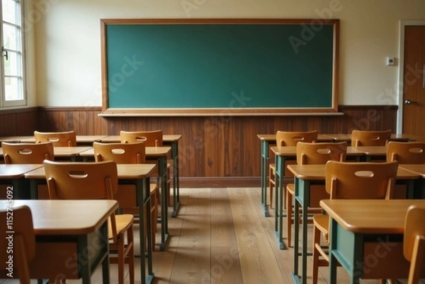 Fototapeta Empty Classroom With Wooden Desks And A Chalkboard