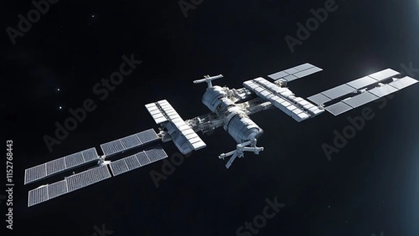 Fototapeta A space station composed of simple geometric shapes, hovering in the vast emptiness of space.
