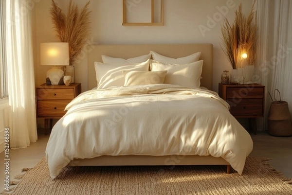 Fototapeta Sunlit Minimalist Bedroom Interior