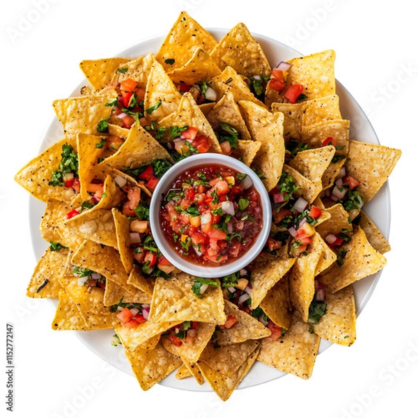 Fototapeta Homemade Spicy Mexican Salsa and Crispy Tortilla Chips on a Rustic Wooden Platter