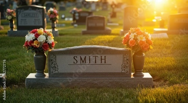 Obraz Gravestone with name "Smith" surrounded by flowers at sunset