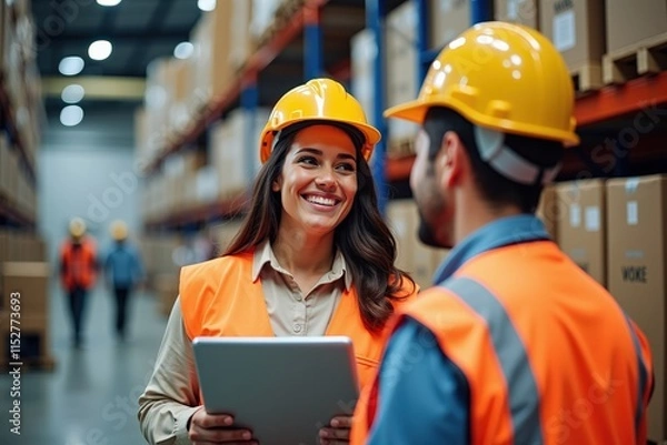 Fototapeta Industrial Teamwork: Two Workers in Orange Safety Gear Discussing Plans in a Warehouse Setting, Ideal for Safety and Teamwork Training Materials