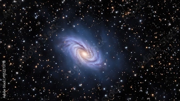 Fototapeta A distant galaxy depicted as a faint glowing cluster surrounded by scattered, tiny stars.