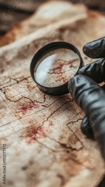 Fototapeta Close-up of a magnifying glass on a weathered map with intricate details.