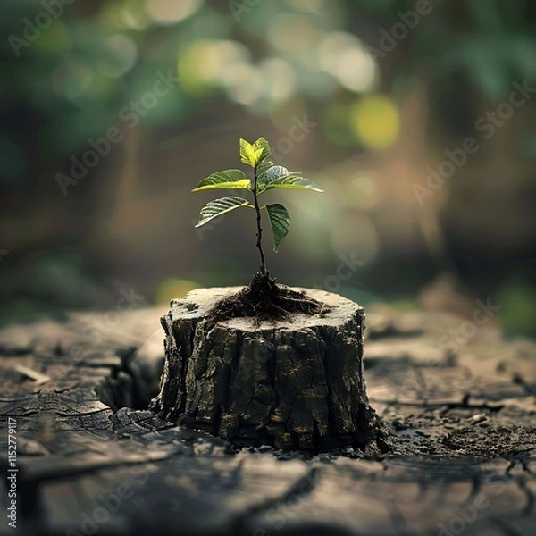 Fototapeta a young tree stump by James Watson for stocks united, A small plant sprouts from a tree stump, symbolizing renewal and growth in nature, Young tree emerging from old tree stump.