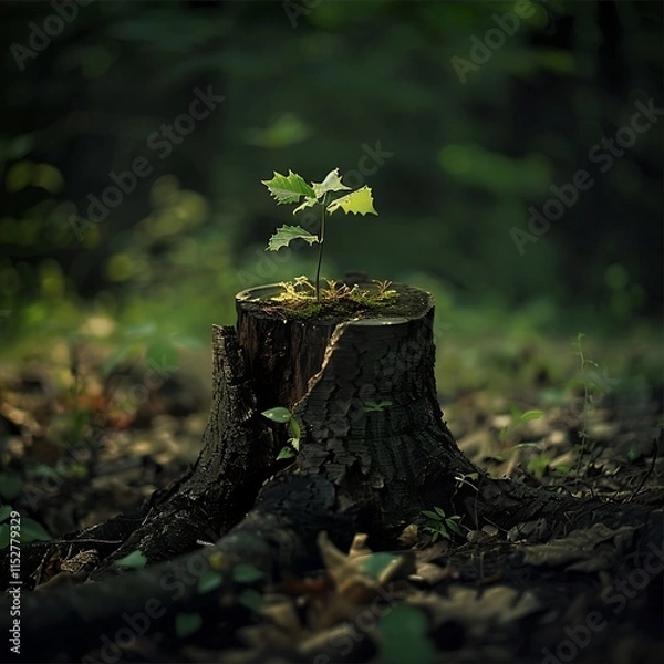 Fototapeta a young tree stump by James Watson for stocks united, A small plant sprouts from a tree stump, symbolizing renewal and growth in nature, Young tree emerging from old tree stump.