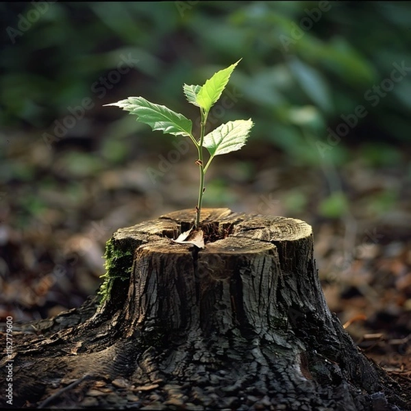Fototapeta a young tree stump by James Watson for stocks united, A small plant sprouts from a tree stump, symbolizing renewal and growth in nature, Young tree emerging from old tree stump.

