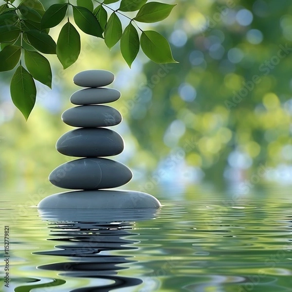 Fototapeta Zen stones on the water , relaxing, calm , soothing, Precious Tranquility: A Zen-Inspired Wallpaper, Tranquil Zen stone stack reflection in serene water garden.