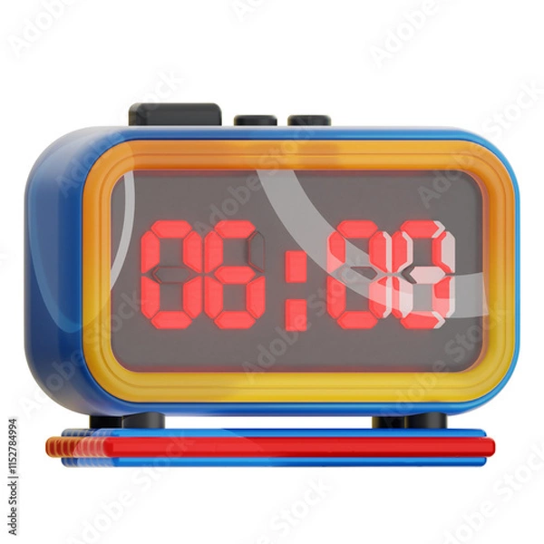 Fototapeta A 3D icon rendered image of a colorful retro style digital alarm clock displaying the time eight ten.