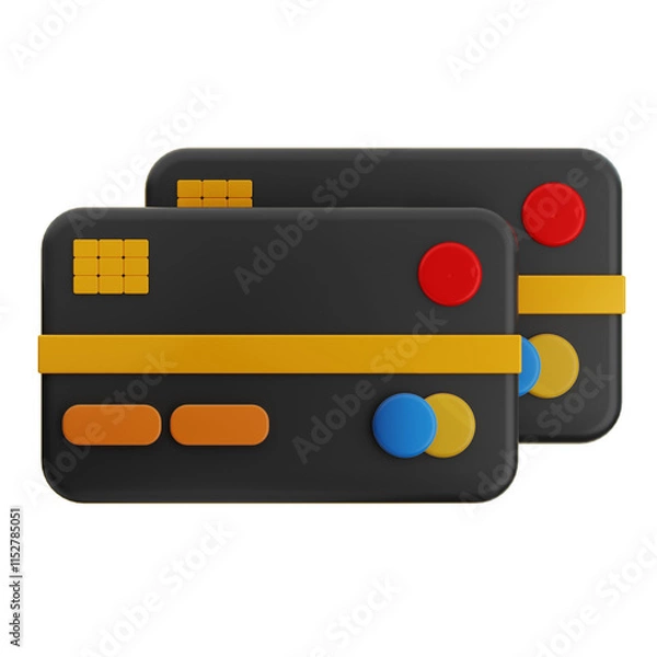 Fototapeta A 3D icon  rendering depicts two black credit cards with colorful details overlapping slightly.