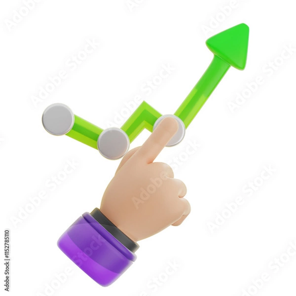 Fototapeta A 3D icon  rendered image shows a hand interacting with a green upward trending graph symbolizing growth and progress.