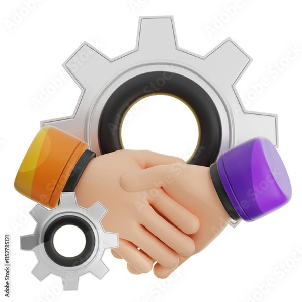 Fototapeta A 3D icon  rendering depicts a handshake between two cartoon hands, encircled by gears, symbolizing collaborative teamwork and business partnerships.