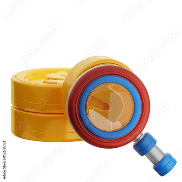 Fototapeta A colorful 3D icon rendering shows a magnifying glass examining a stack of gold coins representing financial investigation.