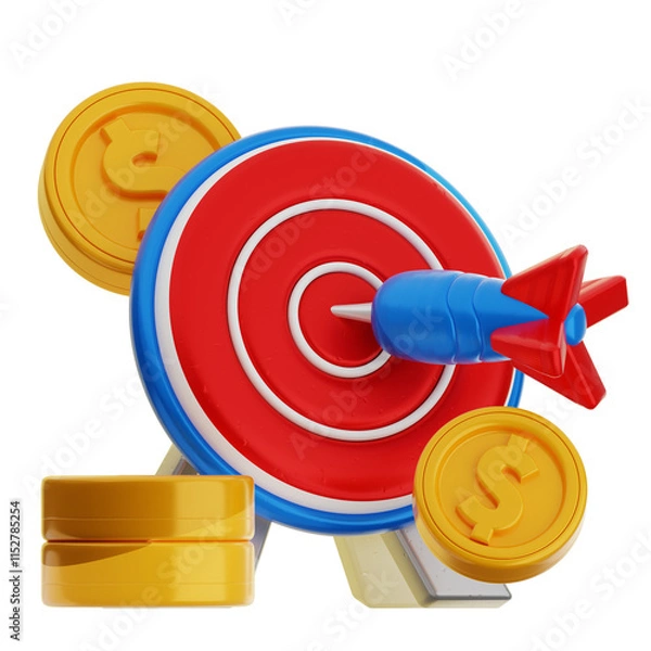 Fototapeta A 3D icon rendering depicts a dart hitting a target surrounded by gold coins, representing the achievement of financial goals.
