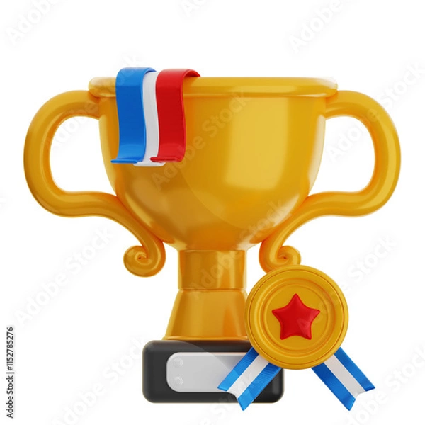Fototapeta A 3D icon rendered image depicts a shiny golden trophy with a medal and colorful ribbons symbolizing victory and accomplishment.