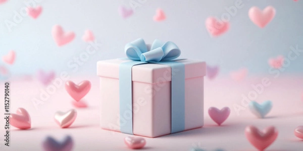 Fototapeta minimalistic 3D wrapped gift box with blue ribbon, surrounded by pastel hearts, creates charming and festive atmosphere perfect for celebrations