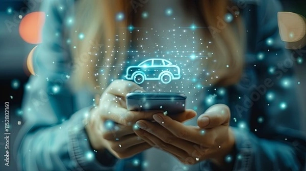 Fototapeta Woman's Hands Holding Smartphone with Digital Car Icon Hovering Above