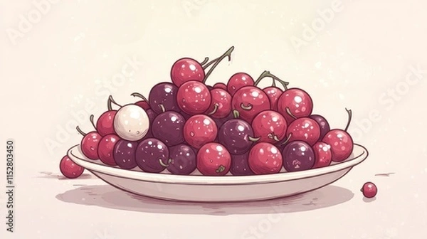 Fototapeta Colorful variety of cherries displayed on a plate, featuring red and purple hues, showcasing freshness and abundance in a minimalist setting