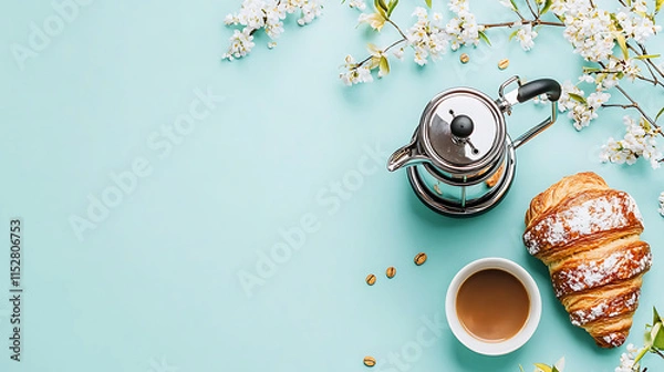 Fototapeta vibrant morning setup featuring coffee pot, croissant, and flowers. Enjoy delightful breakfast experience