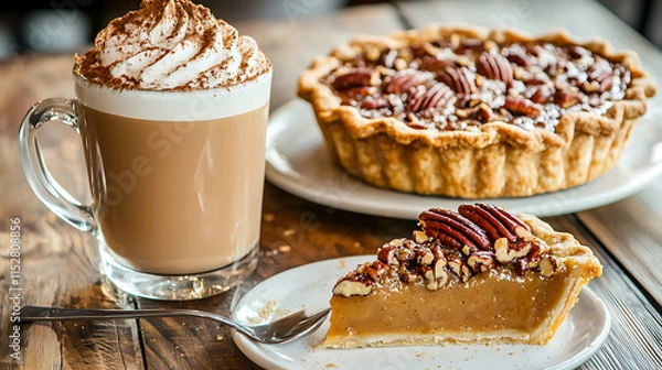 Fototapeta Delicious pumpkin pie with pecans and creamy coffee drink, perfect for autumn gatherings