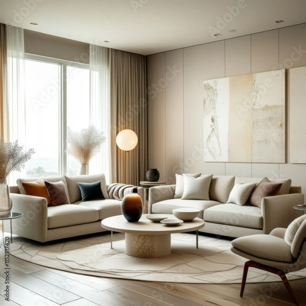 Fototapeta Modern living room, neutral tones, curved sofa, round coffee table, abstract wall art, large windows, sheer curtains, circular rug, minimalist design, natural light, cozy atmosphere, sculptural decor,