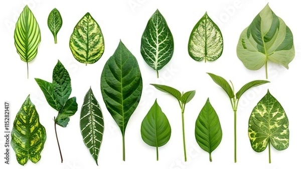 Fototapeta Tropical plant leaves lying gracefully on a clean white background. Showcasing the unique shapes and vibrant green hues of these tropical plant leaves, presenting their natural beauty vividly, which 