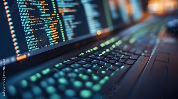 Fototapeta Close-up of laptop keyboard displaying code.