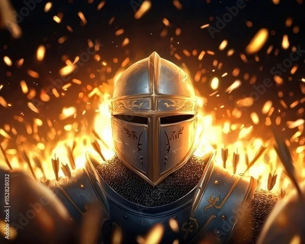 Fototapeta A fierce knight stands in front of a blazing background, adorned in shining armor, surrounded by flying arrows and a dramatic, fiery atmosphere.