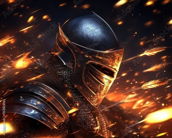 Fototapeta A fierce knight in shining armor amidst a backdrop of flying sparks and flames, embodying strength and valor.