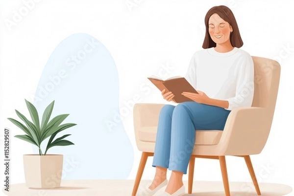 Fototapeta A woman is sitting comfortably in a chair, reading a book, with a potted plant nearby, creating a cozy and relaxed atmosphere.