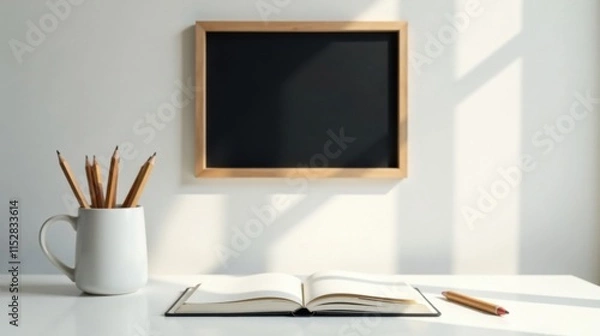 Fototapeta Sunlit Workspace Featuring a Blank Blackboard, Open Notebook, and Pencils in a Mug