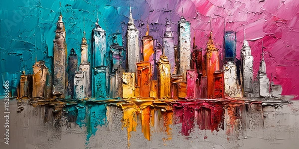 Obraz  Vibrant City Skyline Oil Painting with Colorful Reflections