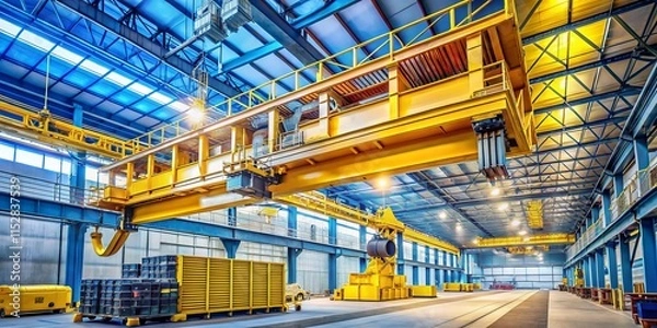 Fototapeta Engineering Plant Shop: Yellow Overhead Crane with Jib Crab Trolley and Hooks - Eye-Level View