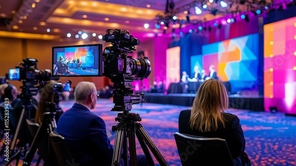 Fototapeta Camera filming a panel discussion at convention hall.