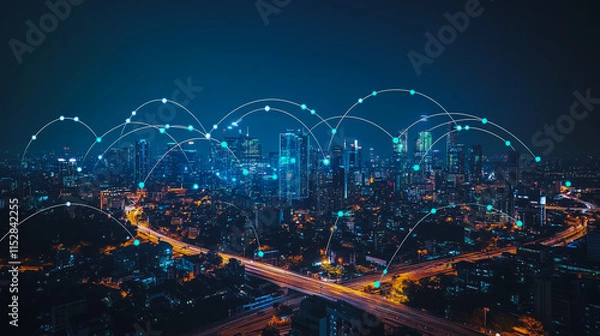 Fototapeta Smart digital city with connection cyber security network reciprocity over the cityscape . future smart wireless digital city and social media networking systems that connects people within the city
