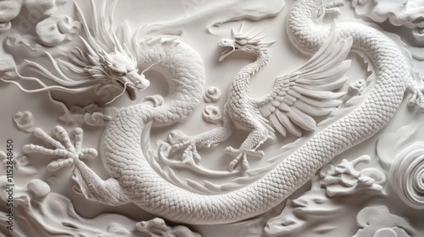 Fototapeta Intricate white bas-relief carving of intertwined dragons and phoenix.