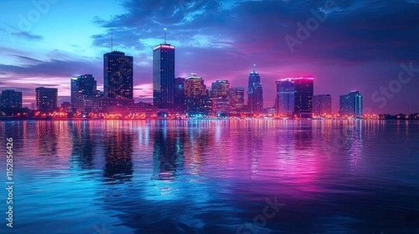 Fototapeta A glowing city skyline at night with neon lights reflecting on the water. 