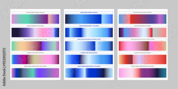 Obraz Colorful gradient palette set gradation elements plenty of colors blue tone pink purple orange gradient collection Abstract vibrant colorful gradient swatches set badge label ribbon bold square tape