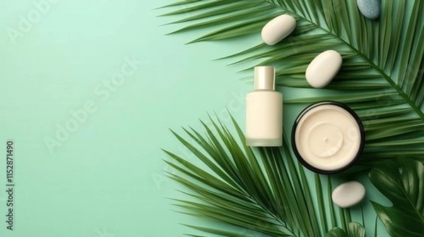 Obraz Hand cream and serum duo with palm leaves and cartoon stones, playful and fun decoration, skincare, hand cream, product shoot, cartoon style