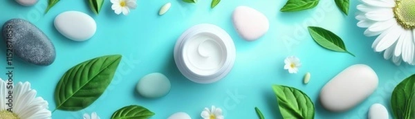 Obraz Hand cream with minimalistic herbs and leaves, stones and flowers in cartoon style, bright and colorful background, hand cream, skincare, cute style, product shoot