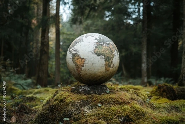 Fototapeta World globe resting on moss in forest.