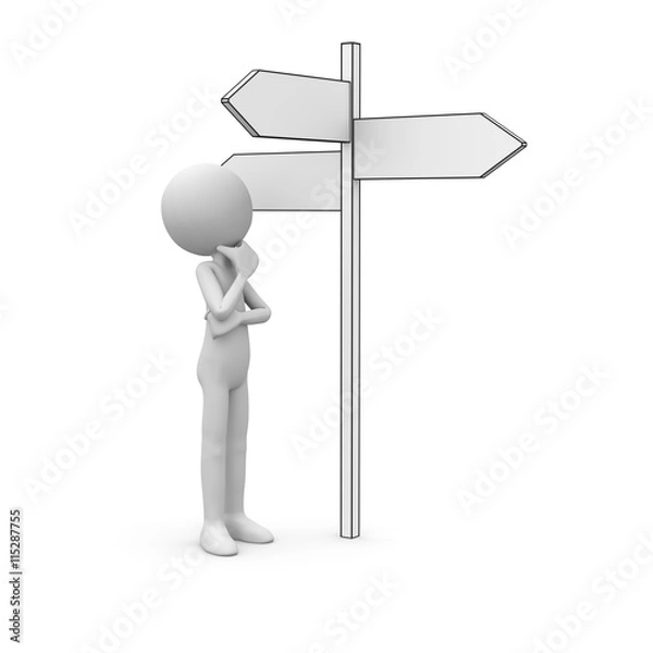 Obraz 3D Cartoon Karakter - Weißes kleines 3D Männchen steht vor einem Wegweiser und denkt nach. Schwarzweiß rendering isoliert auf weißem Hintergrund mit sanftem Schatten auf dem Boden.