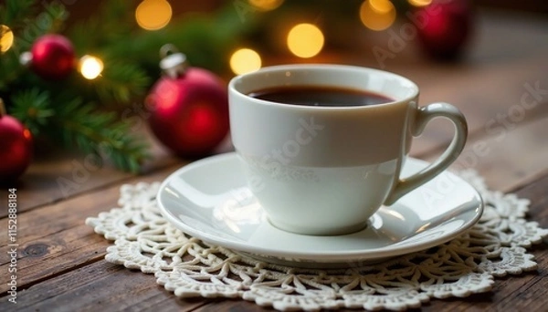 Fototapeta A delicate lace doily cradles the cup, adding an intricate touch to the festive arrangement, cozy, tablecloth, seasonal decorations